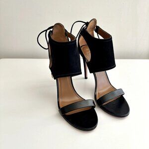 AQUAZZURA Black Leather and Suede Cutout Ankle Tie Heels Sandals Size 38